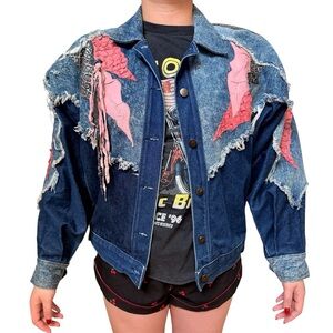 Rare Vintage 80s Denim Jacket with Pink Leather Accents